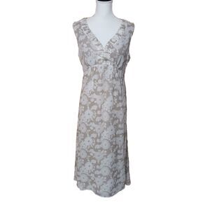 Liz Claiborne Silk Beige White Floral Sleeveless Tie Back Midi Dress Size 10